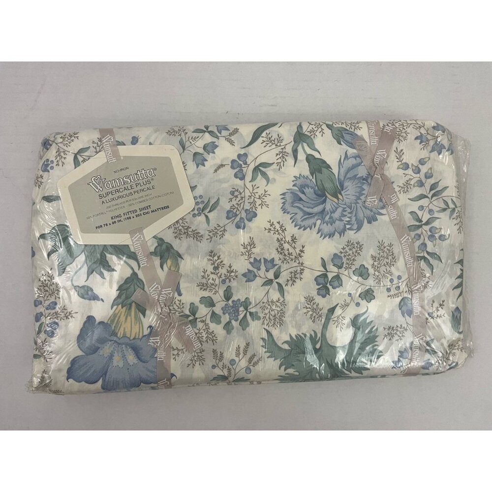 Wamsutta Supercale Plus Percale King Fitted Sheet Blue Floral NOS NIP